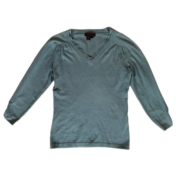 Simon Chang V-Neck Knit Sweater 3/4 Ruching Sleeve Blue Size Small - Picture 4 of 8